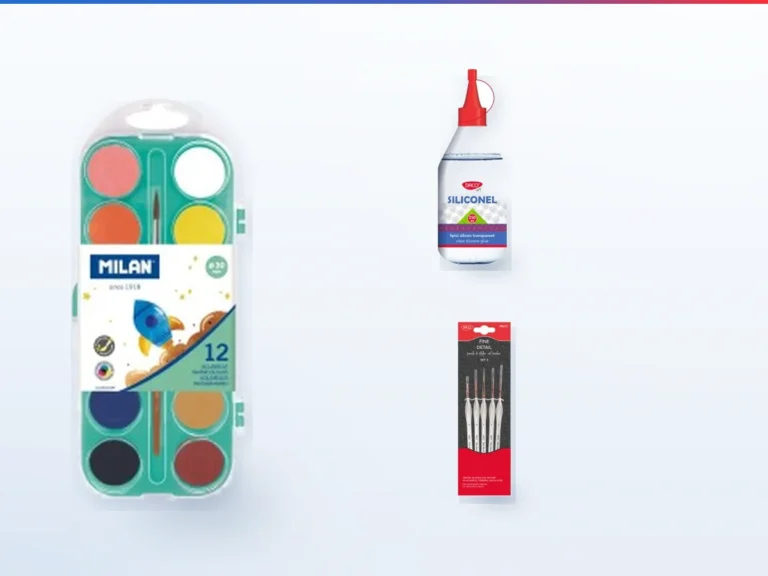 Cutie de acuarele cu douăsprezece culori, lipici siliconic și set de pensule